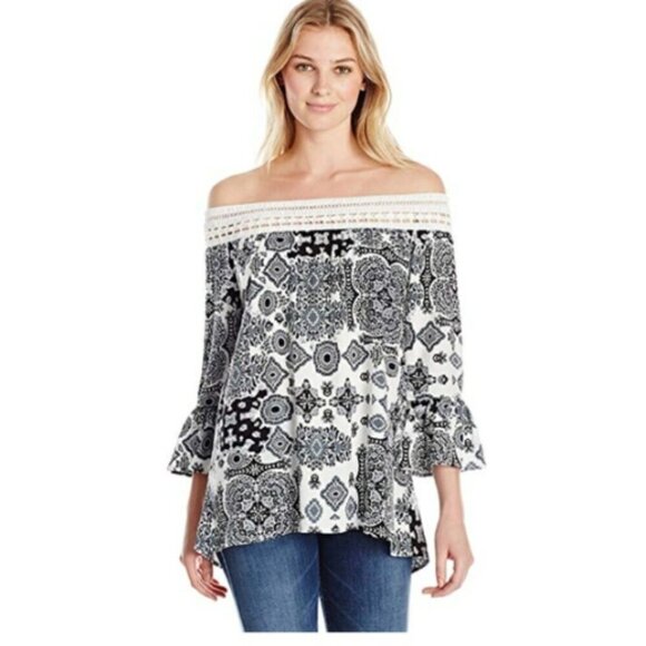 One World  Strappy Off Shoulder Bell Sleeve Sz M Black White Top 95A - Picture 2 of 9